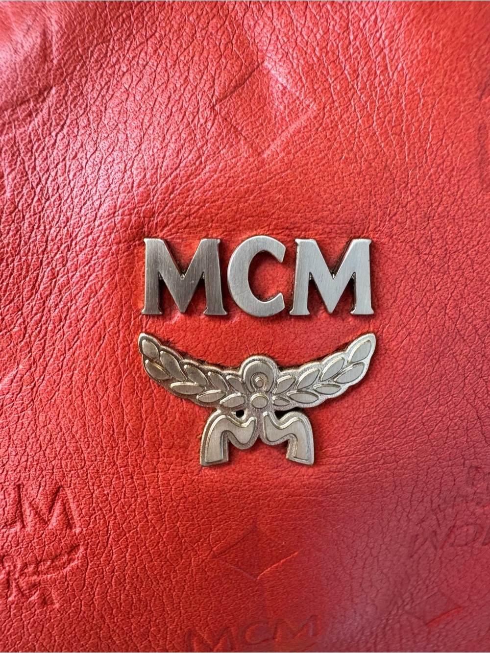 MCM Coral Red Embossed Leather Satchel Shoulder Bag Crossbody - Picture 11 of 12